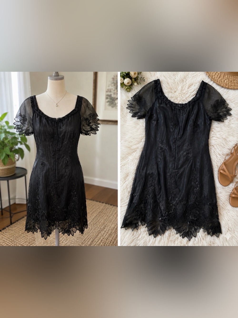 CAS black embroidered dress with scalloped floral hem
